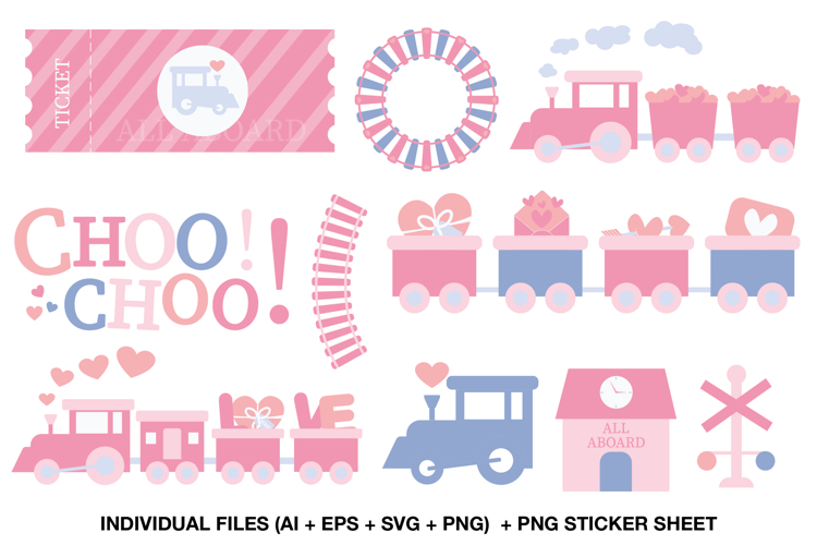 pastel valentine train clipart bundle with kawaii railway elements