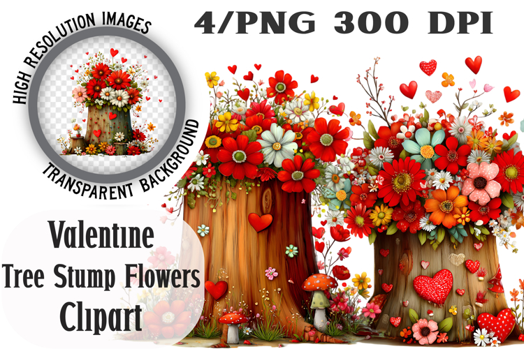 Valentine Tree Stump With Flowers Png