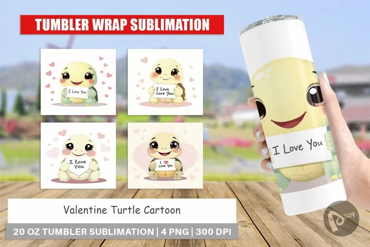 Tumbler Wrap Valentine Turtle Cartoon