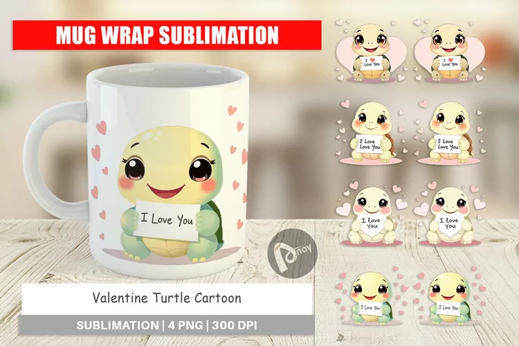 Mug Wrap Design Valentine Turtle Cartoon