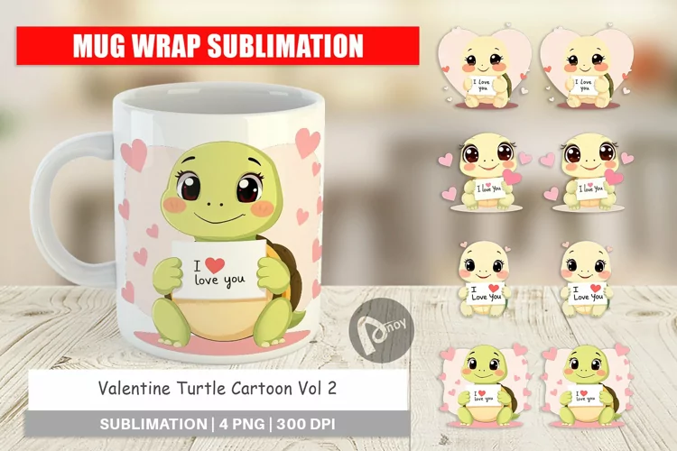 Mug Wrap Design Valentine Turtle Cartoon