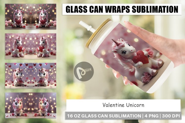 Glass Can Wraps Valentine Unicorn