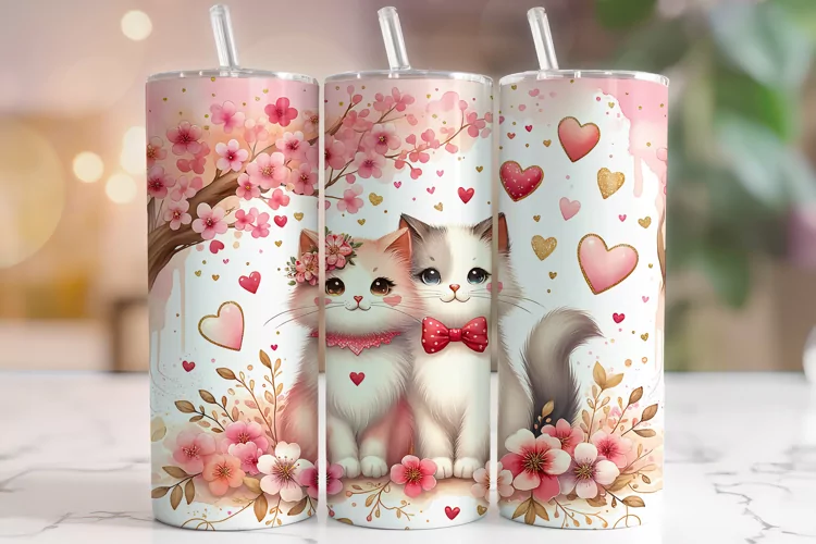 Valentine's Day Cats Tumbler Wrap, Valentine Tumbler, Kitten