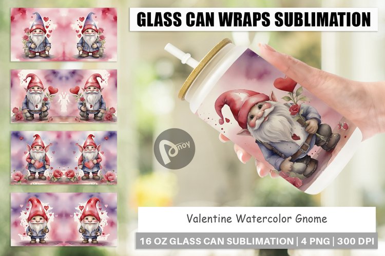Glass Can Wraps Valentine Watercolor Gnome