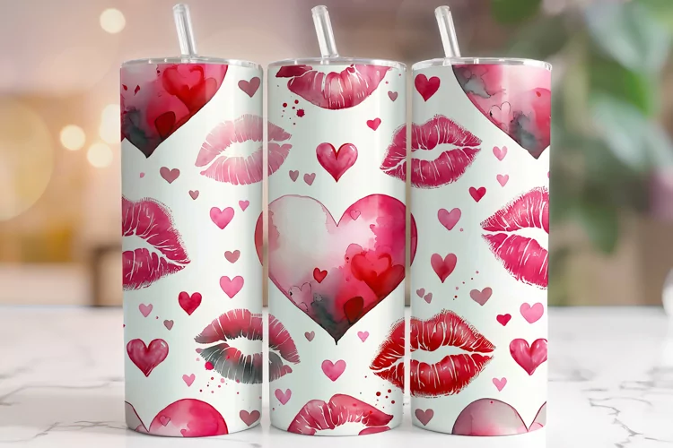 Hearts Lips Tumbler Wrap, Valentine's Day Tumbler, Kisses