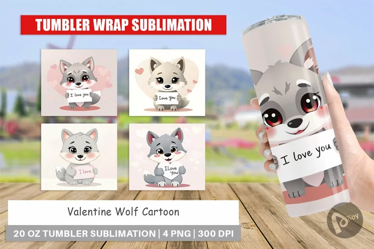 Tumbler Wrap Valentine Wolf Cartoon
