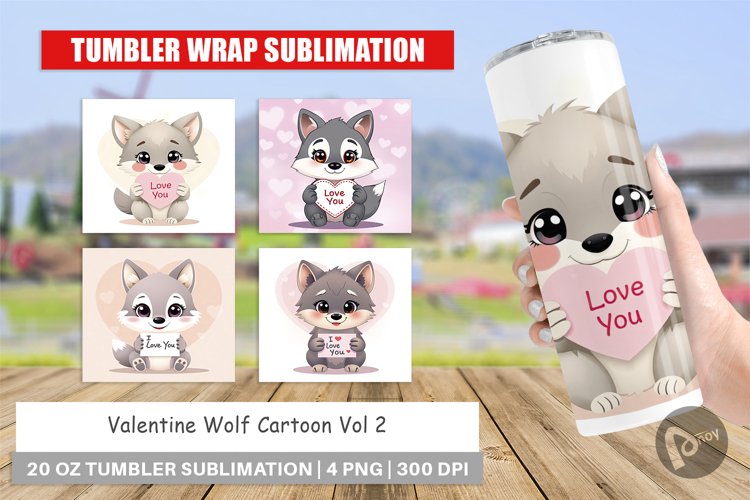 Tumbler Wrap Valentine Wolf Cartoon example image 1
