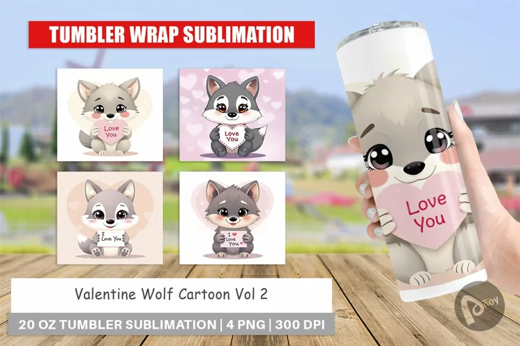 Tumbler Wrap Valentine Wolf Cartoon