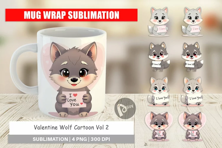 Mug Wrap Design Valentine Wolf Cartoon
