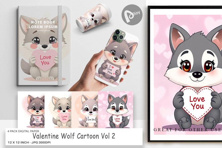 Digital Paper Valentine Wolf Cartoon