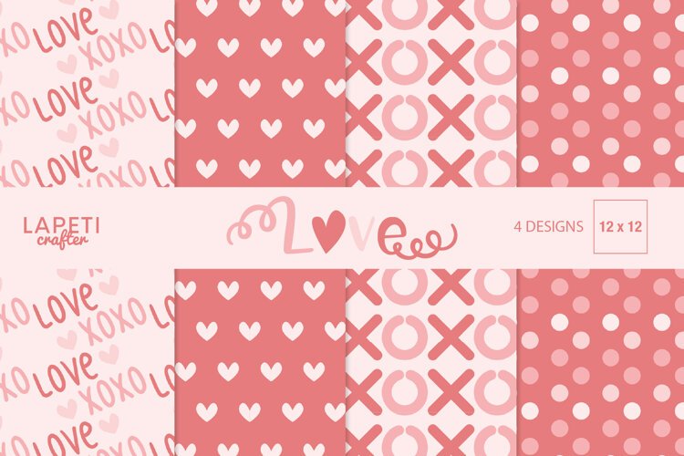 Valentine digital papers with XOXO hearts and polka dot patterns