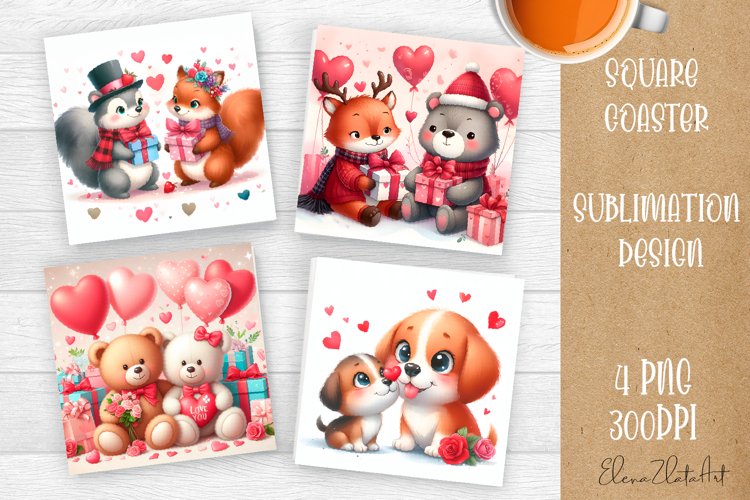 Valentines Day Square Coaster |Cute animals, animal