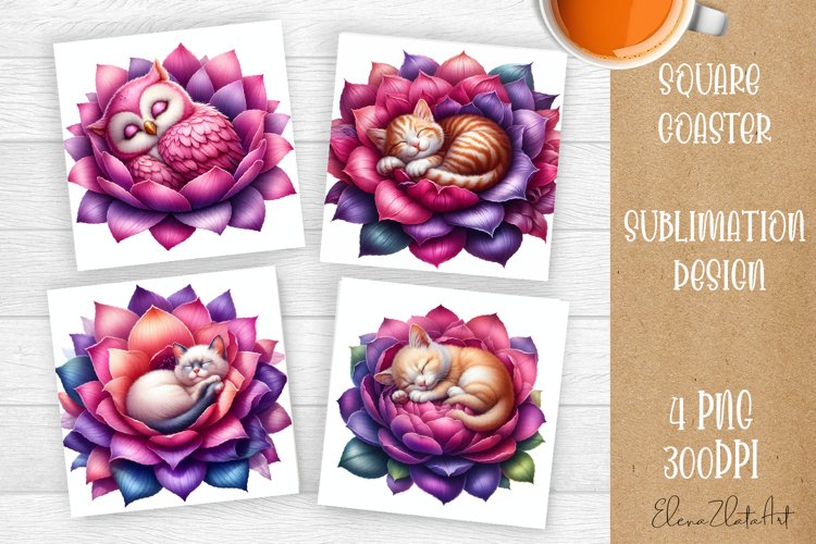 Valentines Day Square Coaster |Cute flower animals