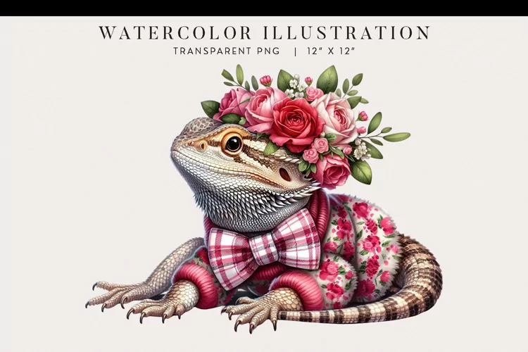 Valentine's Bearded Dragon Watercolor Clipart PNG