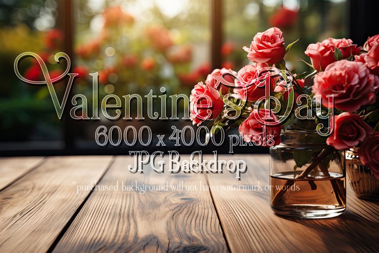 Valentines Day Mockup, Front View, Roses, Wood Table, B110