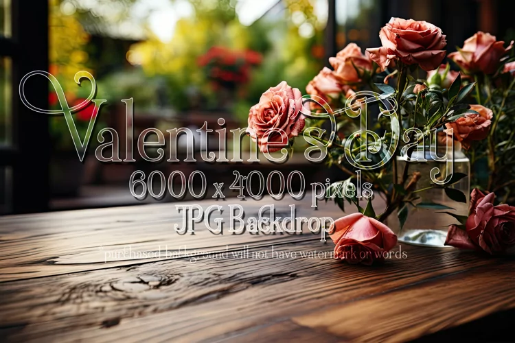 Valentine's Day Mockup, Front View, Roses, Wood Table, B111