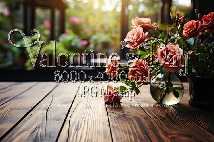 Valentine's Day Mockup, Front View, Roses, Wood Table, B115