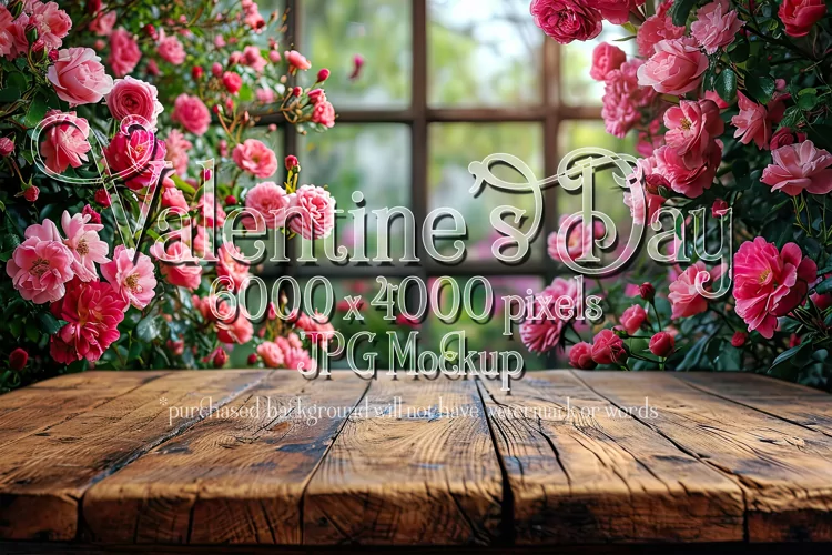 Valentine's Day Mockup, Front View, Roses, Wood Table, B116
