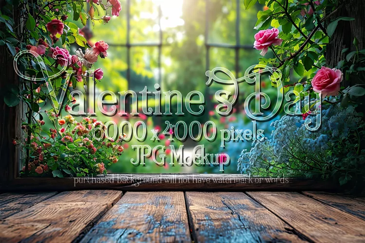Valentine's Day Mockup, Front View, Roses, Wood Table, B117