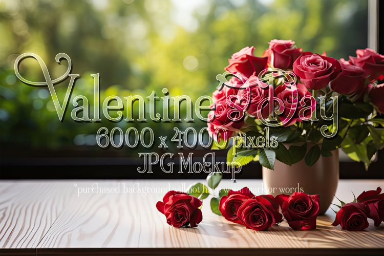 Valentine's Day Mockup, Front View, Roses, Wood Table, B118 example image 1