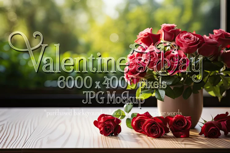 Valentine's Day Mockup, Front View, Roses, Wood Table, B118