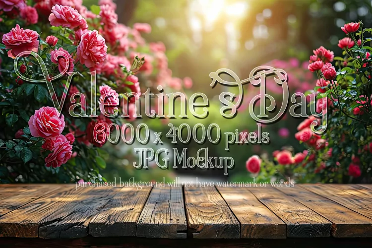 Valentine's Day Mockup, Front View, Roses, Wood Table, B119