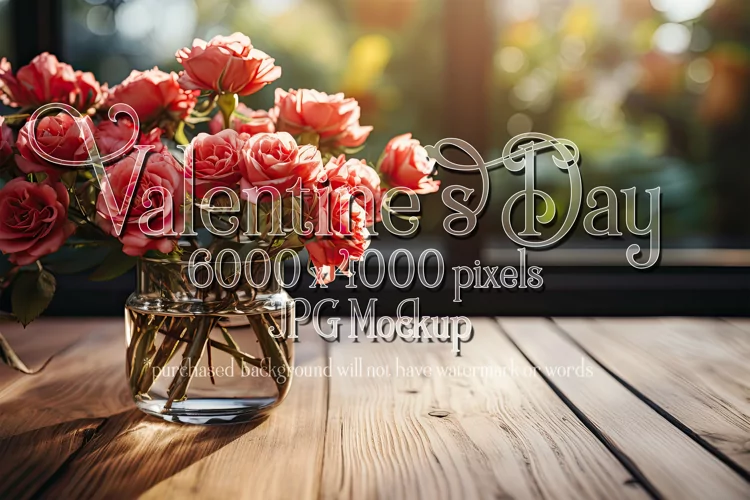 Valentine's Day Mockup, Front View, Roses, Wood Table, B120