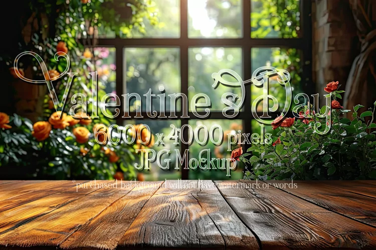 Valentine's Day Mockup, Front View, Roses, Wood Table, B121