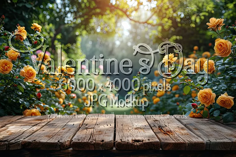 Valentine's Day Mockup, Front View, Roses, Wood Table, B122