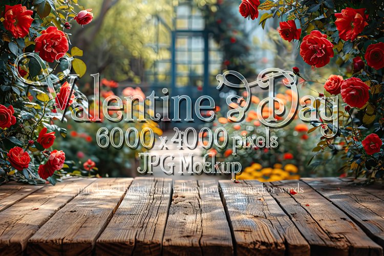 Valentine's Day Mockup, Front View, Roses, Wood Table, B123 example image 1