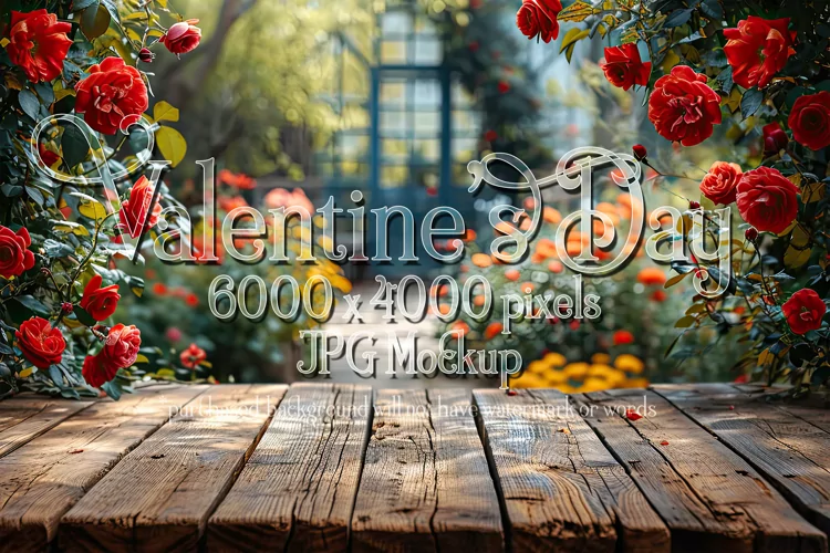 Valentine's Day Mockup, Front View, Roses, Wood Table, B123
