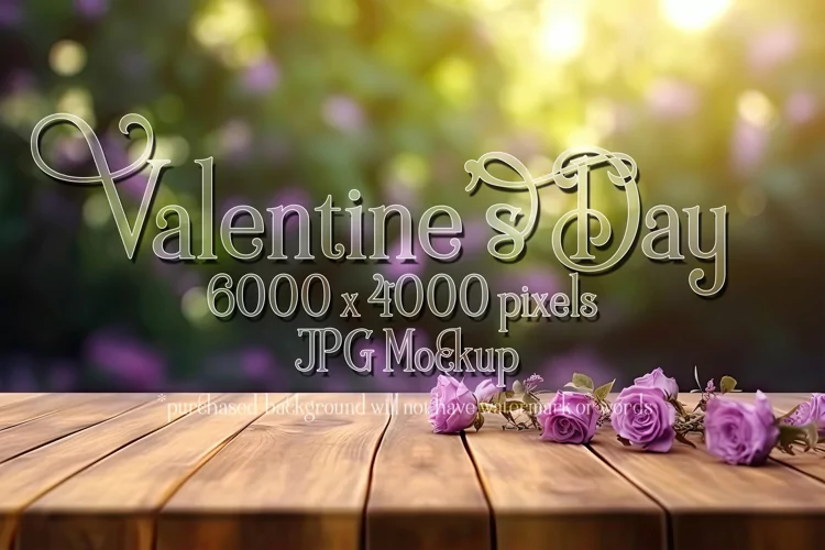 Valentine's Day Mockup, Front View, Roses, Wood Table, B124