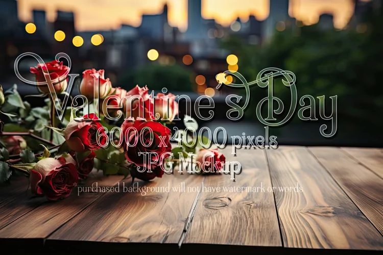 Valentine's Day Mockup, Front View, Roses, Wood Table, B127