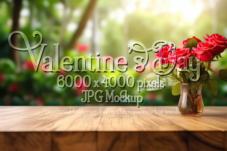 Valentine's Day Mockup, Front View, Roses, Wood Table, B128