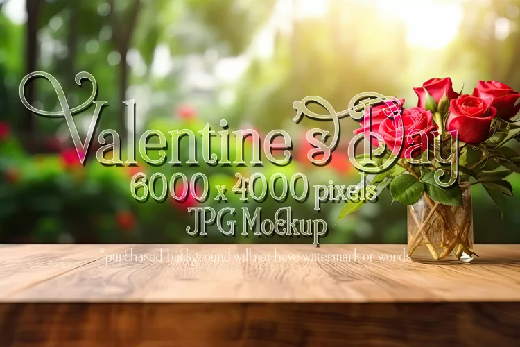 Valentine's Day Mockup, Front View, Roses, Wood Table, B129
