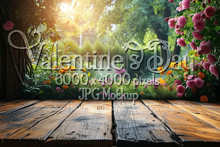 Valentine's Day Mockup, Front View, Roses, Wood Table, B130