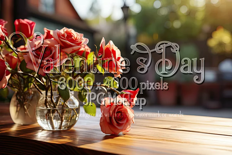 Valentine's Day Mockup, Front View, Roses, Wood Table, B137