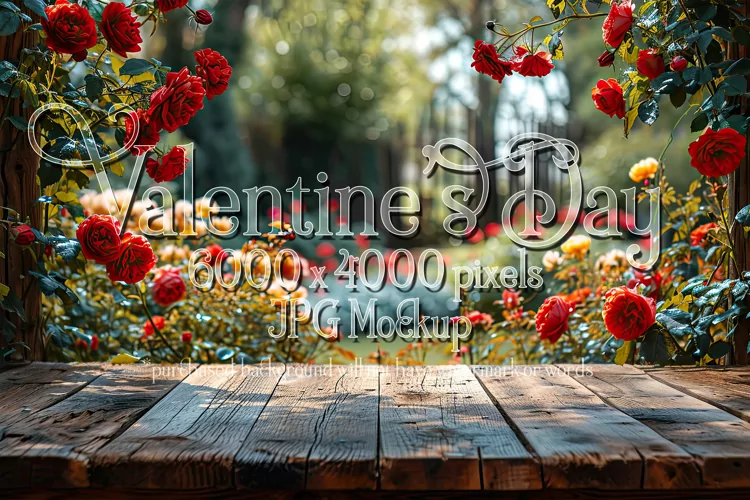 Valentine's Day Mockup, Front View, Roses, Wood Table, B141