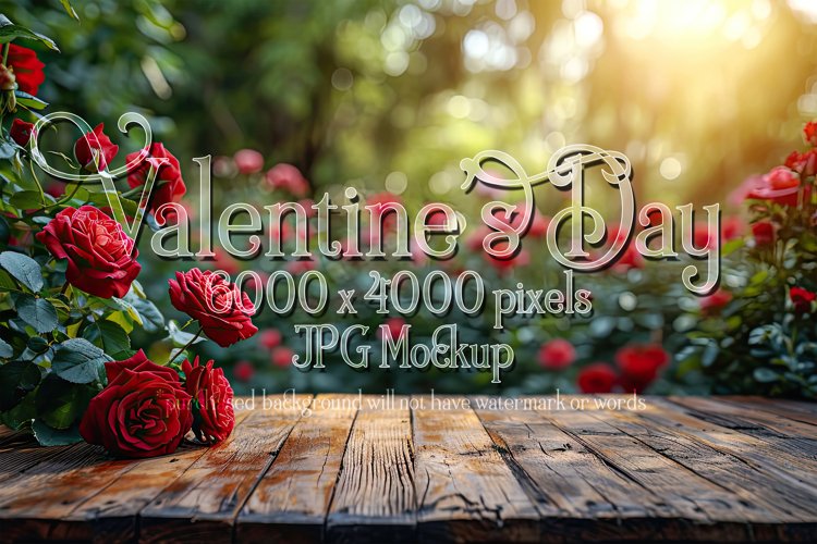Valentine's Day Mockup, Front View, Roses, Wood Table, B142 example image 1