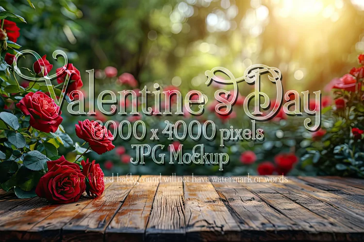 Valentine's Day Mockup, Front View, Roses, Wood Table, B142