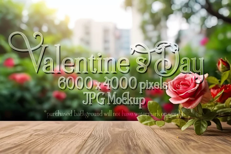 Valentine's Day Mockup, Front View, Roses, Wood Table, B148