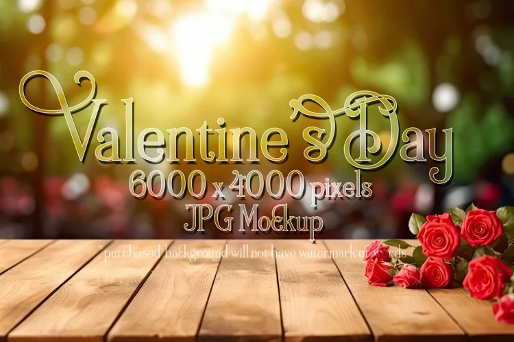 Valentine's Day Mockup, Front View, Roses, Wood Table, B150