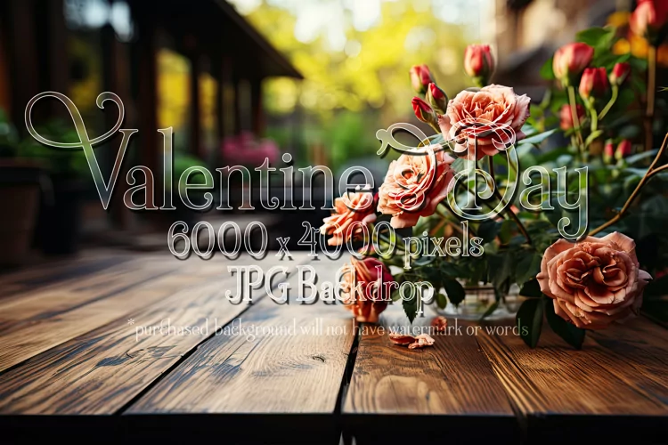 Valentine's Day Mockup, Front View, Roses, Wood Table Top 87