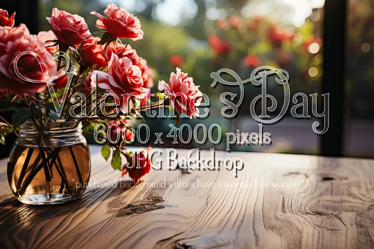 Valentine's Day Mockup, Front View, Roses, Wood Table Top 94
