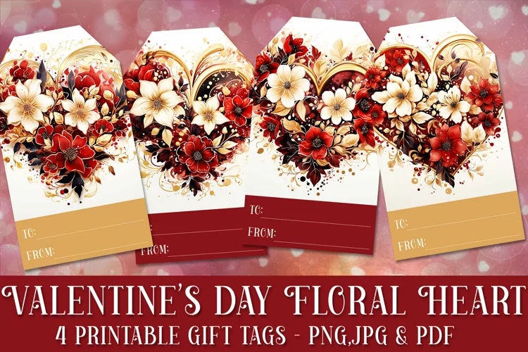 Valentine's Day Floral Heart Printable Gift Tags & Sheet, s1