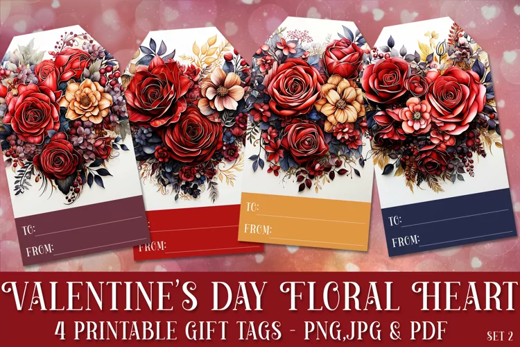 Valentine's Day Floral Heart Printable Gift Tags & Sheet, s2