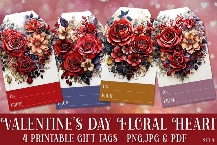 Valentine's Day Floral Heart Printable Gift Tags & Sheet, s3