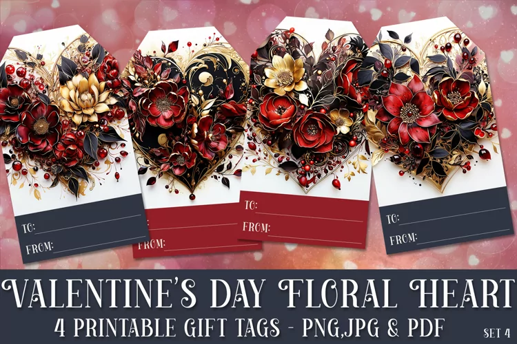 Valentine's Day Floral Heart Printable Gift Tags & Sheet, s4