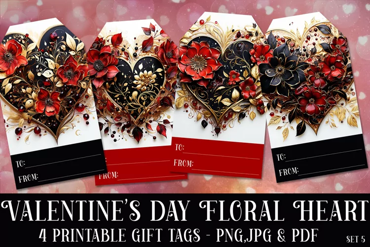 Valentine's Day Floral Heart Printable Gift Tags & Sheet, s5