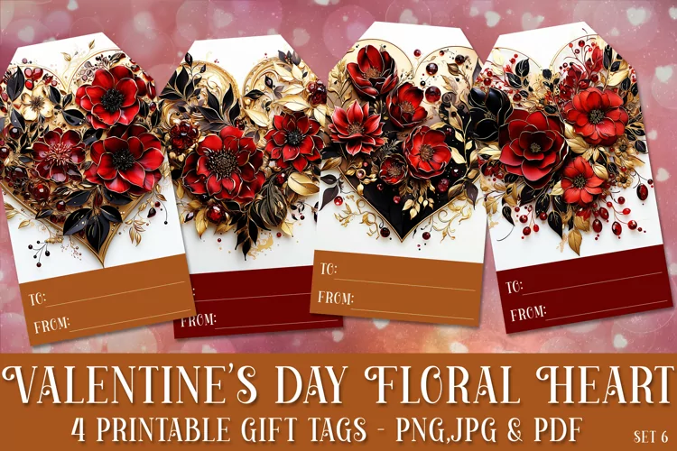 Valentine's Day Floral Heart Printable Gift Tags & Sheet, s6